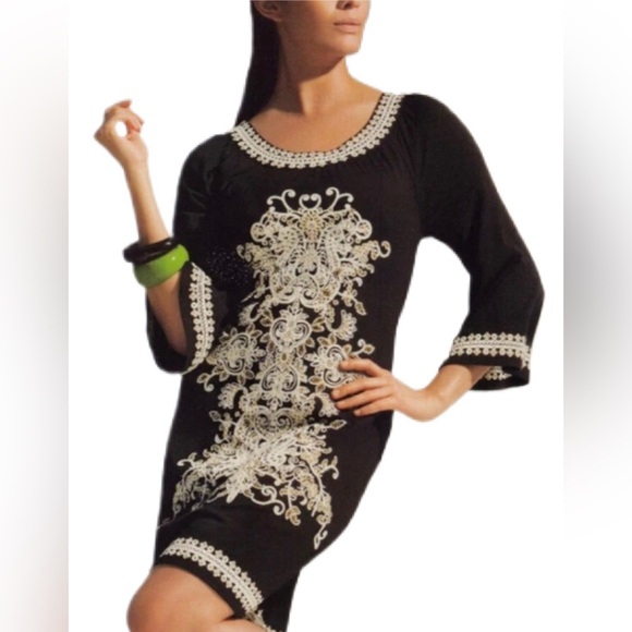 INC International Concepts Dress Size L Black Embroidered Boho  Shift - Picture 1 of 8